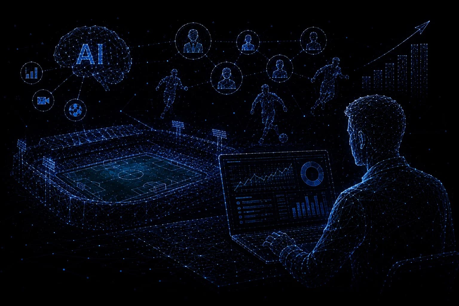 A perspective 3D wireframe football pitch overlaid with a glowing blue neural network connecting player nodes.