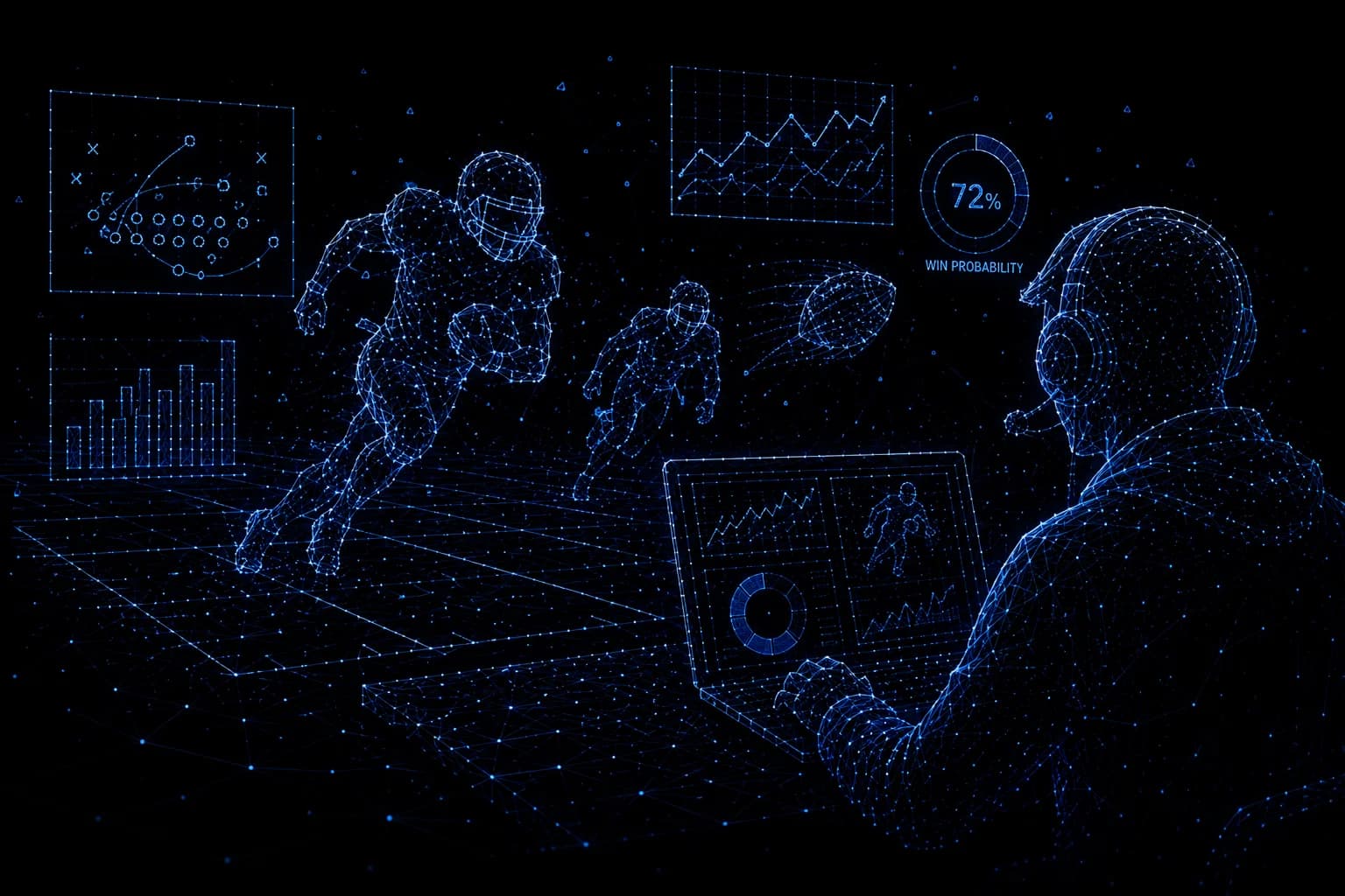 A 3D wireframe visualization of an NFL field showing player routes, passing vector curves, and analytical win-probability graphs in glowing blue.