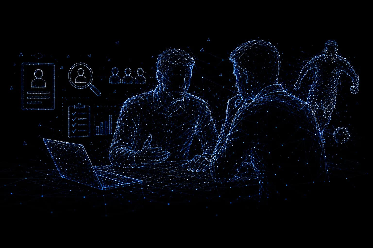 A glowing 3D wireframe recruitment scouting dashboard showcasing candidate nodes and skill meshes in electric blue.