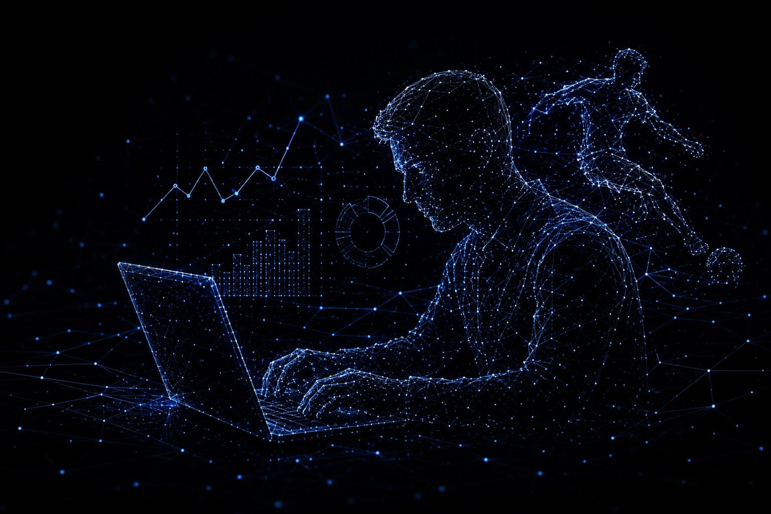 A 3D wireframe visualization of an analyst workspace showing glowing screens with heatmaps and event charts in electric blue and white.