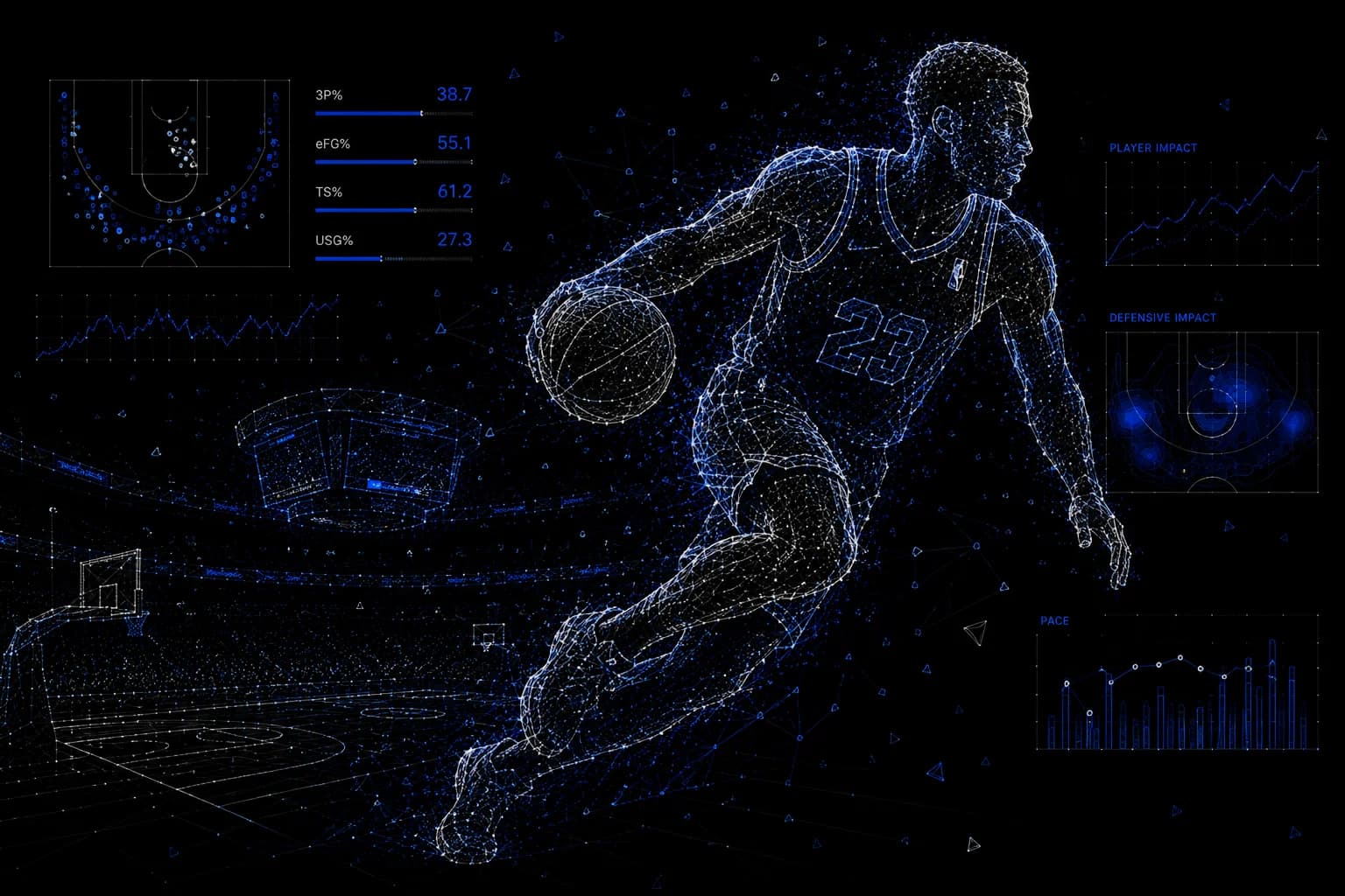 A basketball player rendered as a constellation of tracking data.